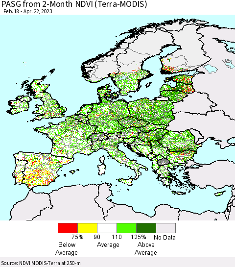 Europe PASG from 2-Month NDVI (Terra-MODIS) Thematic Map For 4/15/2023 - 4/22/2023