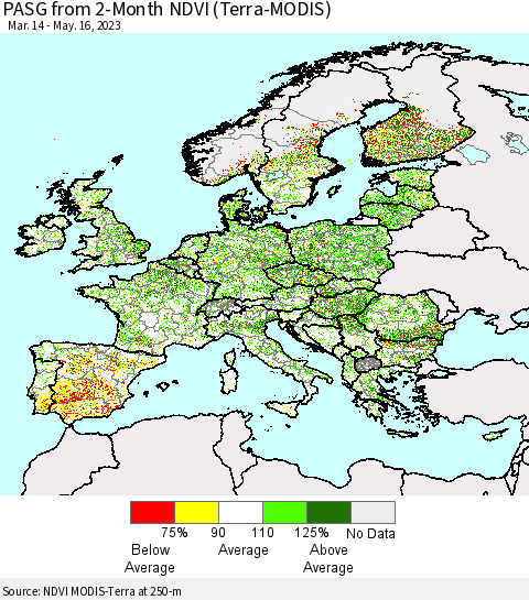 Europe PASG from 2-Month NDVI (Terra-MODIS) Thematic Map For 5/9/2023 - 5/16/2023