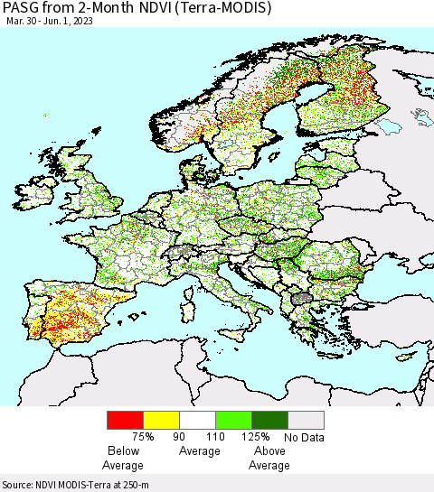 Europe PASG from 2-Month NDVI (Terra-MODIS) Thematic Map For 5/25/2023 - 6/1/2023