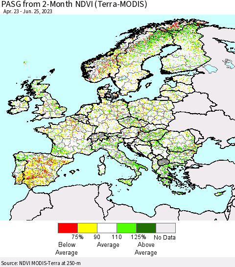 Europe PASG from 2-Month NDVI (Terra-MODIS) Thematic Map For 6/18/2023 - 6/25/2023
