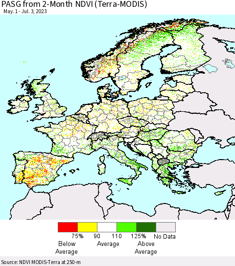 Europe PASG from 2-Month NDVI (Terra-MODIS) Thematic Map For 6/26/2023 - 7/3/2023