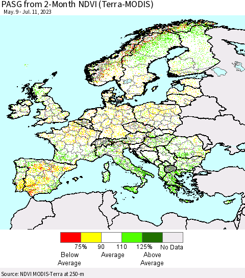 Europe PASG from 2-Month NDVI (Terra-MODIS) Thematic Map For 7/4/2023 - 7/11/2023