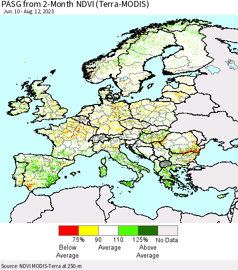 Europe PASG from 2-Month NDVI (Terra-MODIS) Thematic Map For 8/5/2023 - 8/12/2023