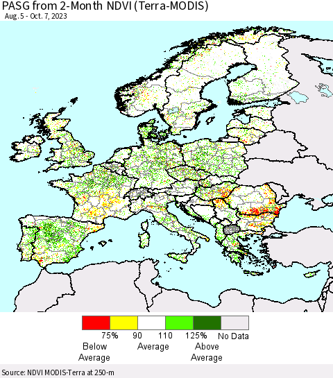Europe PASG from 2-Month NDVI (Terra-MODIS) Thematic Map For 9/30/2023 - 10/7/2023