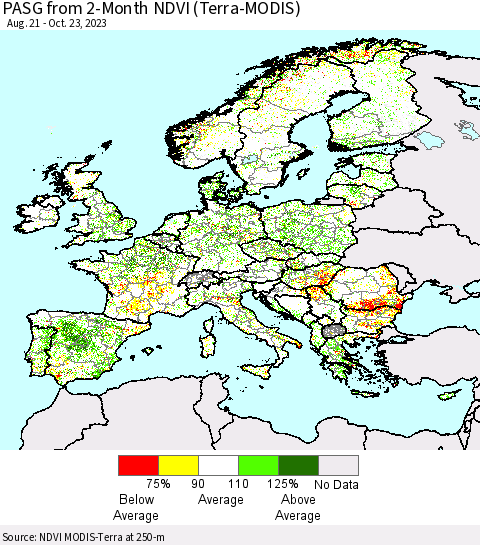 Europe PASG from 2-Month NDVI (Terra-MODIS) Thematic Map For 10/16/2023 - 10/23/2023