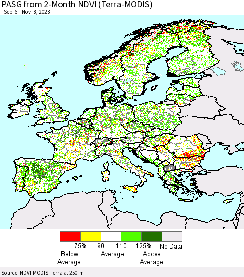 Europe PASG from 2-Month NDVI (Terra-MODIS) Thematic Map For 11/1/2023 - 11/8/2023