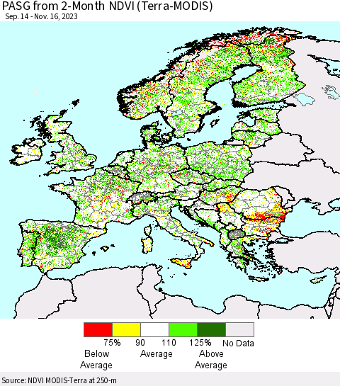 Europe PASG from 2-Month NDVI (Terra-MODIS) Thematic Map For 11/9/2023 - 11/16/2023