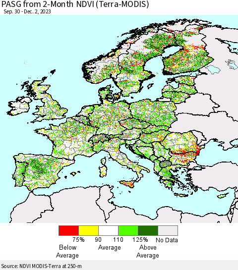 Europe PASG from 2-Month NDVI (Terra-MODIS) Thematic Map For 11/25/2023 - 12/2/2023
