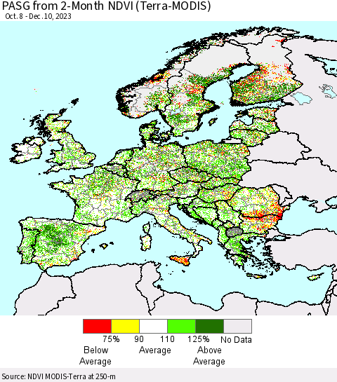 Europe PASG from 2-Month NDVI (Terra-MODIS) Thematic Map For 12/3/2023 - 12/10/2023