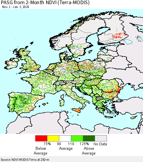 Europe PASG from 2-Month NDVI (Terra-MODIS) Thematic Map For 12/27/2023 - 1/3/2024