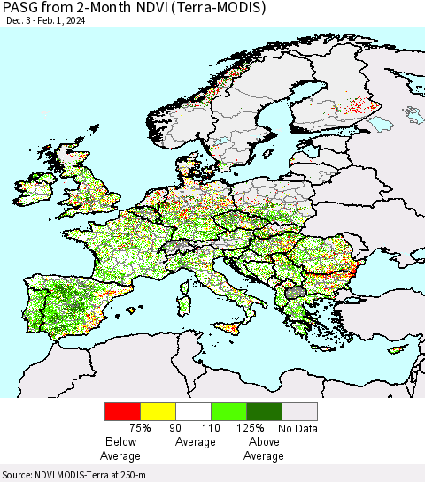 Europe PASG from 2-Month NDVI (Terra-MODIS) Thematic Map For 1/25/2024 - 2/1/2024