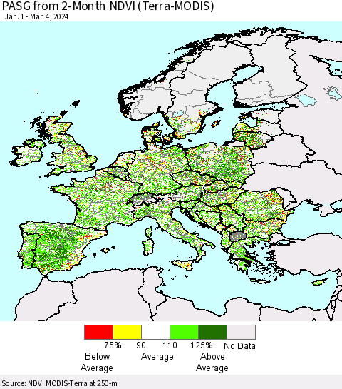 Europe PASG from 2-Month NDVI (Terra-MODIS) Thematic Map For 2/26/2024 - 3/4/2024
