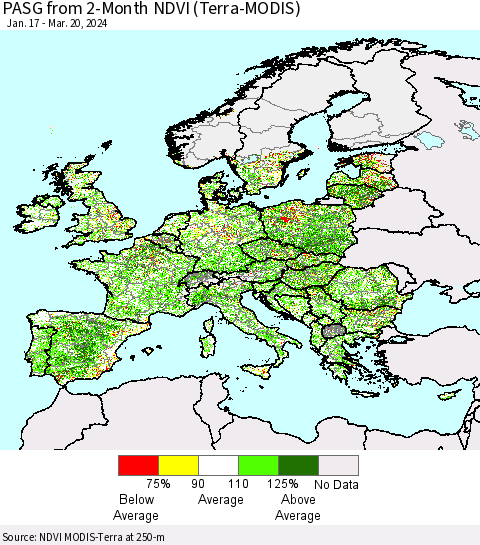 Europe PASG from 2-Month NDVI (Terra-MODIS) Thematic Map For 3/13/2024 - 3/20/2024