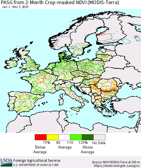 Europe PASG from 2-Month Cropland NDVI (Terra-MODIS) Thematic Map For 3/1/2019 - 3/10/2019