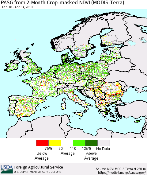 Europe PASG from 2-Month Cropland NDVI (Terra-MODIS) Thematic Map For 4/11/2019 - 4/20/2019