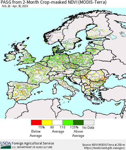 Europe PASG from 2-Month Cropland NDVI (Terra-MODIS) Thematic Map For 4/21/2019 - 4/30/2019