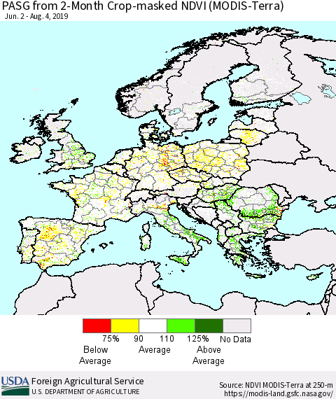 Europe PASG from 2-Month Cropland NDVI (Terra-MODIS) Thematic Map For 8/1/2019 - 8/10/2019