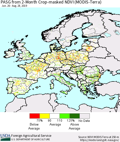 Europe PASG from 2-Month Cropland NDVI (Terra-MODIS) Thematic Map For 8/21/2019 - 8/31/2019