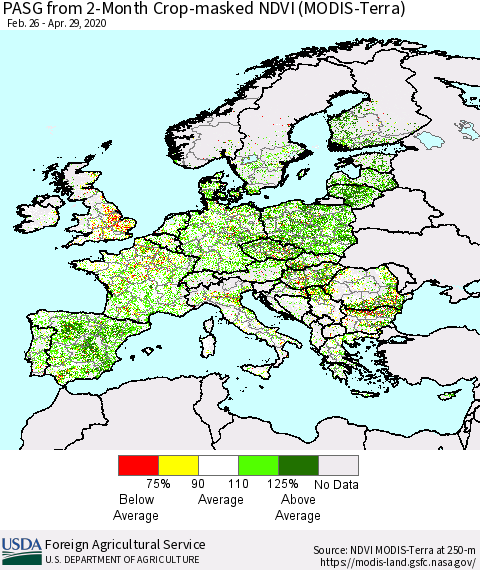 Europe PASG from 2-Month Cropland NDVI (Terra-MODIS) Thematic Map For 4/21/2020 - 4/30/2020