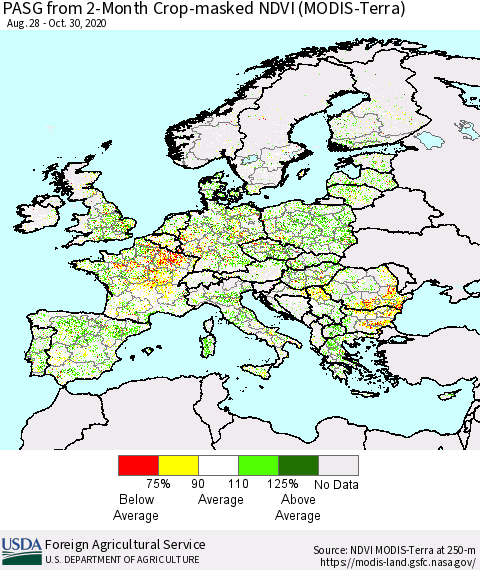 Europe PASG from 2-Month Cropland NDVI (Terra-MODIS) Thematic Map For 10/21/2020 - 10/31/2020