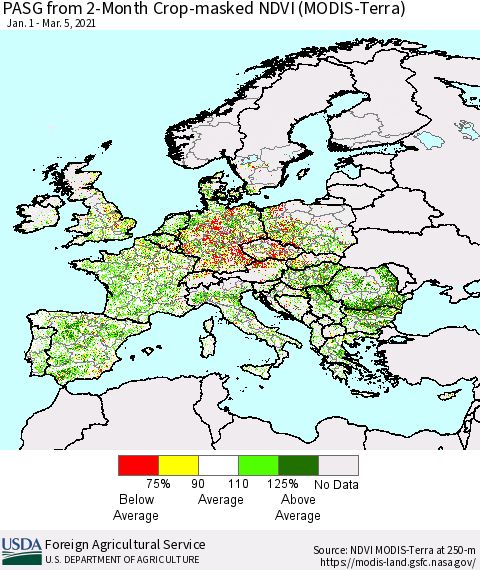 Europe PASG from 2-Month Cropland NDVI (Terra-MODIS) Thematic Map For 3/1/2021 - 3/10/2021