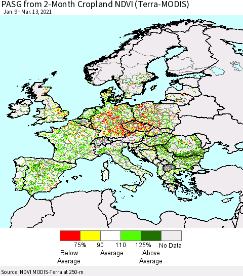 Europe PASG from 2-Month Cropland NDVI (Terra-MODIS) Thematic Map For 3/6/2021 - 3/13/2021