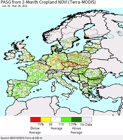 Europe PASG from 2-Month Cropland NDVI (Terra-MODIS) Thematic Map For 3/22/2021 - 3/29/2021
