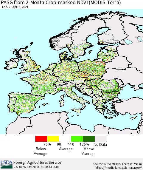 Europe PASG from 2-Month Cropland NDVI (Terra-MODIS) Thematic Map For 4/1/2021 - 4/10/2021