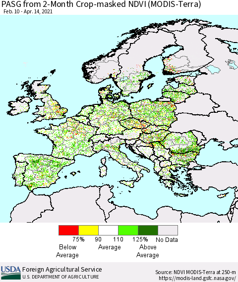 Europe PASG from 2-Month Cropland NDVI (Terra-MODIS) Thematic Map For 4/11/2021 - 4/20/2021