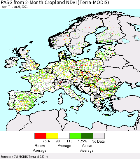 Europe PASG from 2-Month Cropland NDVI (Terra-MODIS) Thematic Map For 6/2/2021 - 6/9/2021