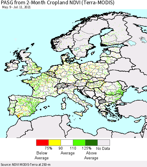 Europe PASG from 2-Month Cropland NDVI (Terra-MODIS) Thematic Map For 7/4/2021 - 7/11/2021
