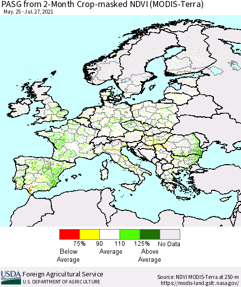 Europe PASG from 2-Month Cropland NDVI (Terra-MODIS) Thematic Map For 7/21/2021 - 7/31/2021