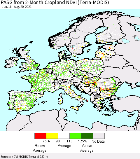 Europe PASG from 2-Month Cropland NDVI (Terra-MODIS) Thematic Map For 8/11/2021 - 8/20/2021