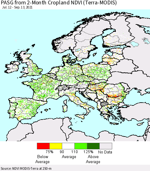 Europe PASG from 2-Month Cropland NDVI (Terra-MODIS) Thematic Map For 9/6/2021 - 9/13/2021