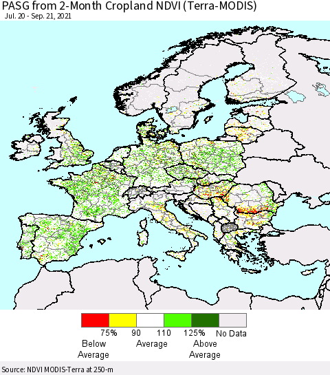 Europe PASG from 2-Month Cropland NDVI (Terra-MODIS) Thematic Map For 9/14/2021 - 9/21/2021