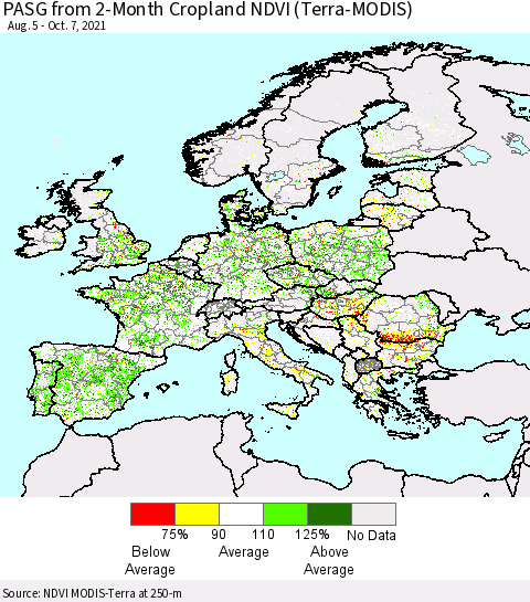 Europe PASG from 2-Month Cropland NDVI (Terra-MODIS) Thematic Map For 9/30/2021 - 10/7/2021