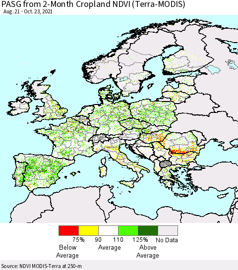 Europe PASG from 2-Month Cropland NDVI (Terra-MODIS) Thematic Map For 10/16/2021 - 10/23/2021
