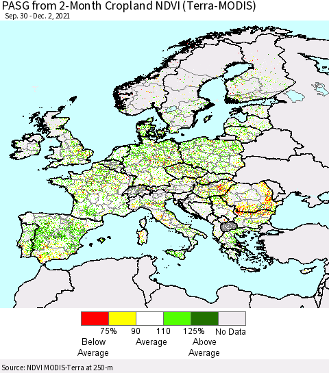 Europe PASG from 2-Month Cropland NDVI (Terra-MODIS) Thematic Map For 11/25/2021 - 12/2/2021