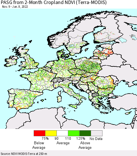 Europe PASG from 2-Month Cropland NDVI (Terra-MODIS) Thematic Map For 1/1/2022 - 1/8/2022