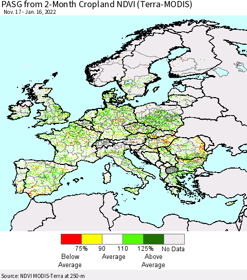 Europe PASG from 2-Month Cropland NDVI (Terra-MODIS) Thematic Map For 1/9/2022 - 1/16/2022