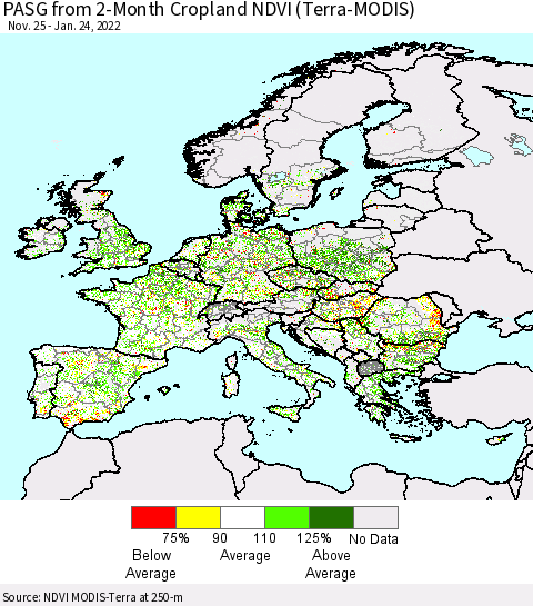 Europe PASG from 2-Month Cropland NDVI (Terra-MODIS) Thematic Map For 1/17/2022 - 1/24/2022