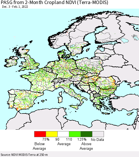 Europe PASG from 2-Month Cropland NDVI (Terra-MODIS) Thematic Map For 1/25/2022 - 2/1/2022