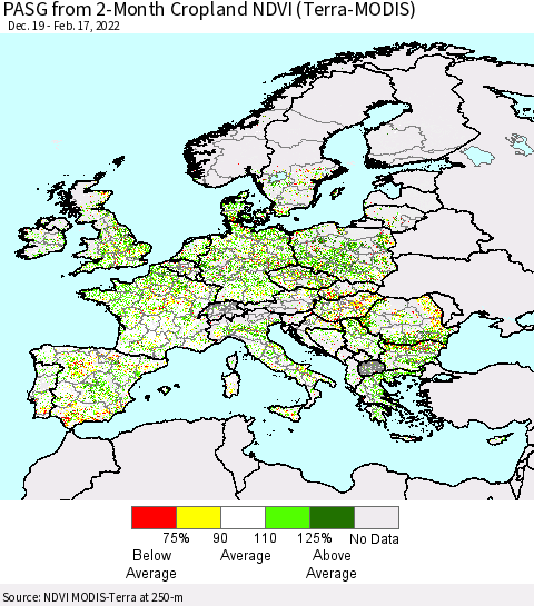 Europe PASG from 2-Month Cropland NDVI (Terra-MODIS) Thematic Map For 2/10/2022 - 2/17/2022
