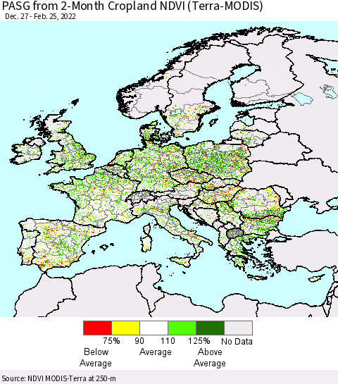 Europe PASG from 2-Month Cropland NDVI (Terra-MODIS) Thematic Map For 2/18/2022 - 2/25/2022