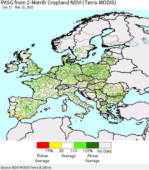 Europe PASG from 2-Month Cropland NDVI (Terra-MODIS) Thematic Map For 3/14/2022 - 3/21/2022