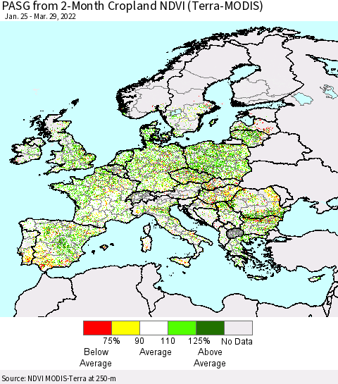 Europe PASG from 2-Month Cropland NDVI (Terra-MODIS) Thematic Map For 3/22/2022 - 3/29/2022