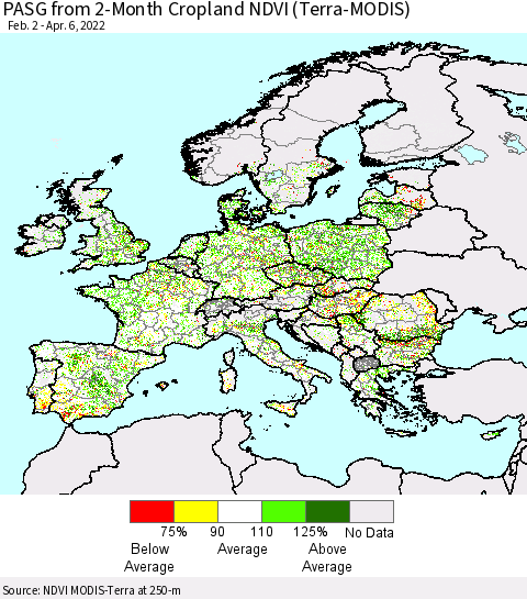 Europe PASG from 2-Month Cropland NDVI (Terra-MODIS) Thematic Map For 3/30/2022 - 4/6/2022