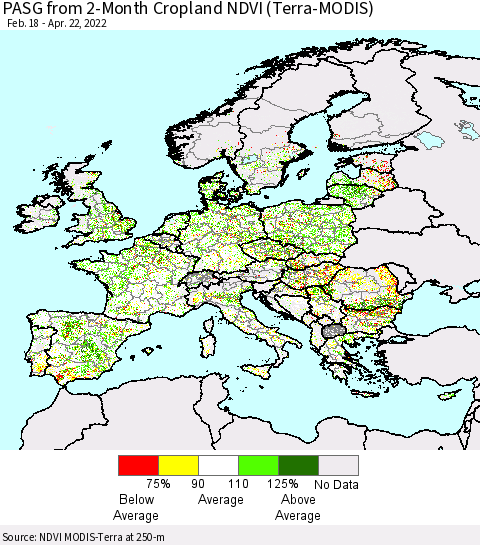 Europe PASG from 2-Month Cropland NDVI (Terra-MODIS) Thematic Map For 4/15/2022 - 4/22/2022