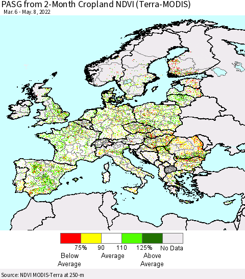 Europe PASG from 2-Month Cropland NDVI (Terra-MODIS) Thematic Map For 5/1/2022 - 5/8/2022