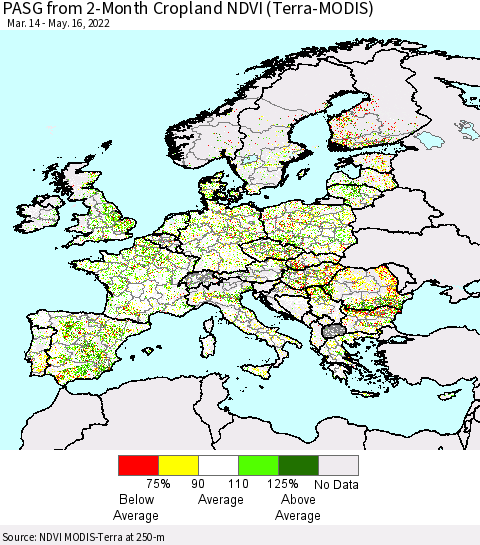 Europe PASG from 2-Month Cropland NDVI (Terra-MODIS) Thematic Map For 5/9/2022 - 5/16/2022